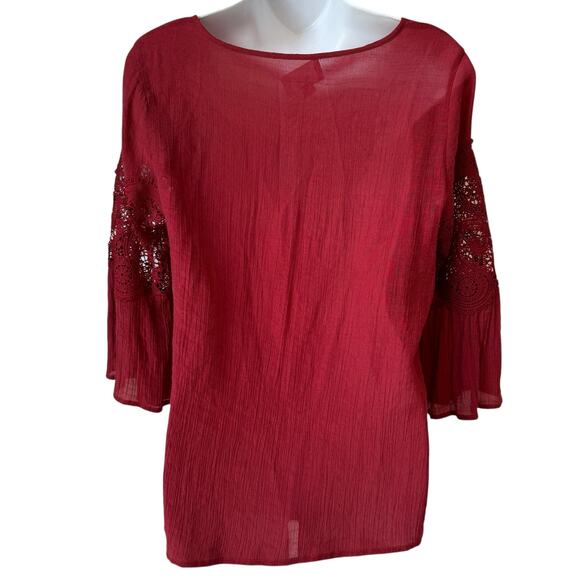 Rust Red Emroidered Womens Boho Blouse Small Gauze Lace Bell Sleeve Fairy Grunge - Picture 7 of 16